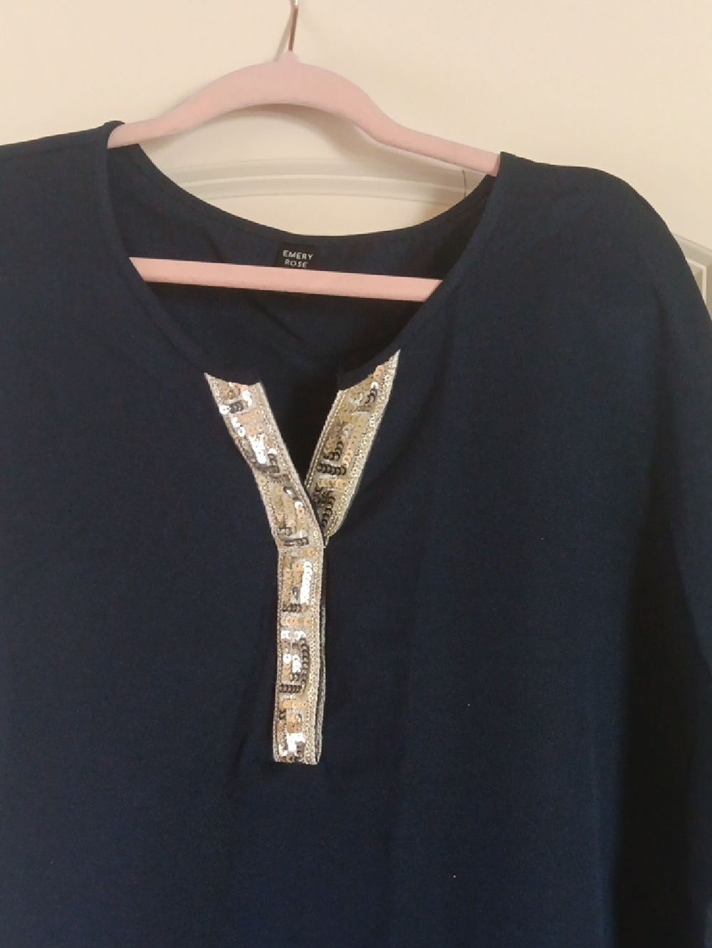 Emery Rose Navy Top with Gold Sequin Trim